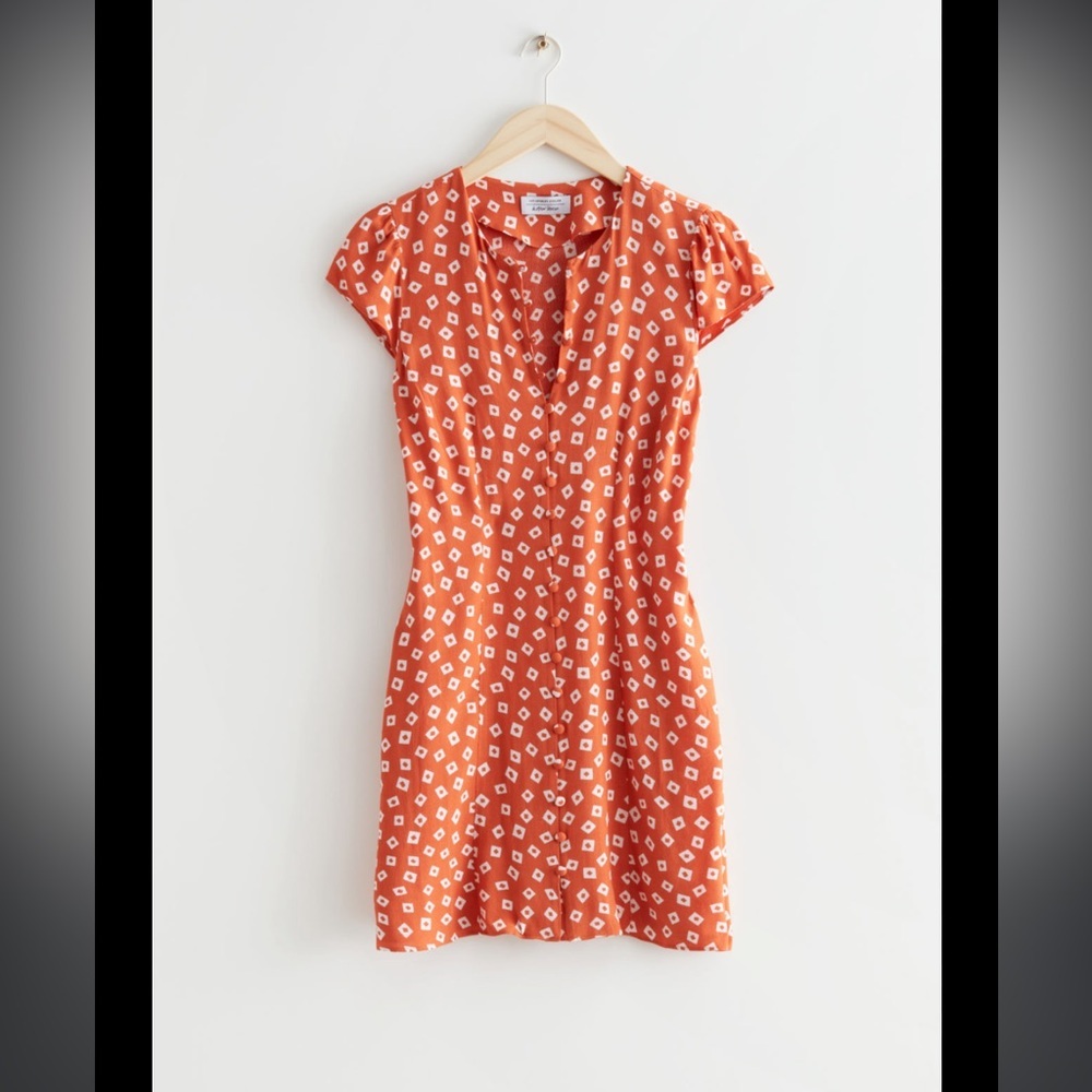 & Other Stories Printed Orange Square Mini Dress Size 4